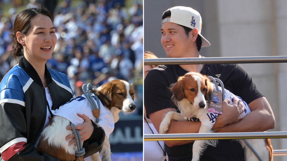 真美子さんと大谷翔平選手に抱かれる愛犬・デコピン(写真：USA TODAY Sports/ロイター/アフロ)(写真：AP/アフロ)