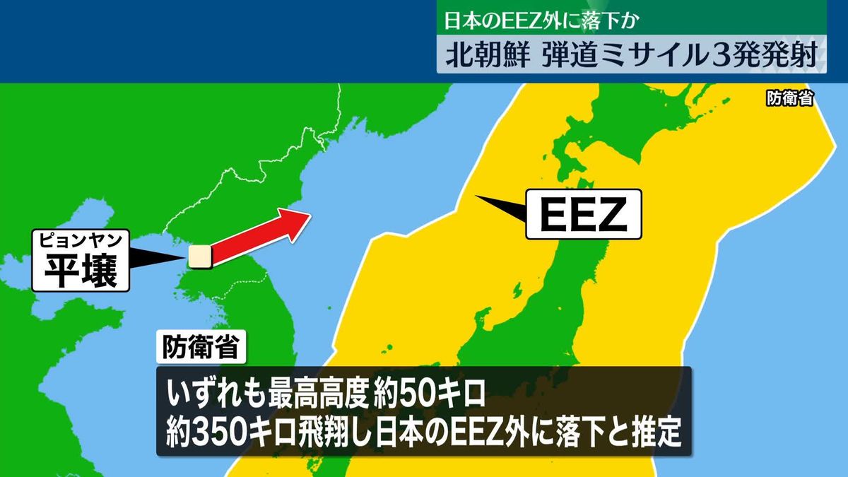 北朝鮮、弾道ミサイル3発を北東方向に発射　いずれも日本のEEZ外に落下と推定