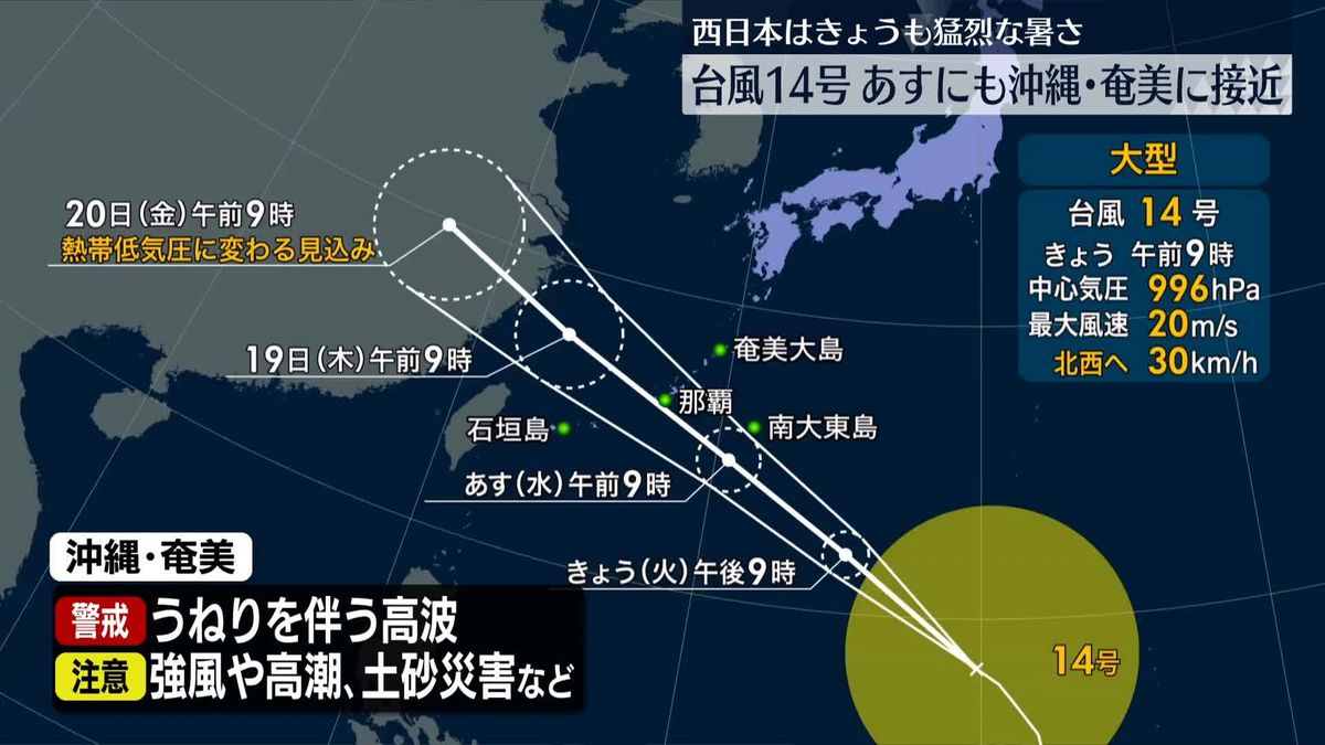 台風14号、あすにも沖縄・奄美に接近へ　西日本はきょうも猛烈な暑さ