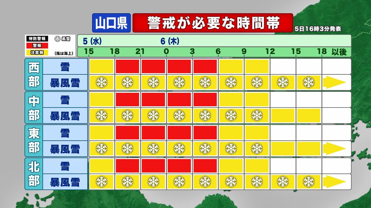 【山口天気 夕刊2/5】県内に2年ぶりの「大雪警報」…夜間は急激な積雪増に警戒を 金～土曜も再び警報級の大雪か