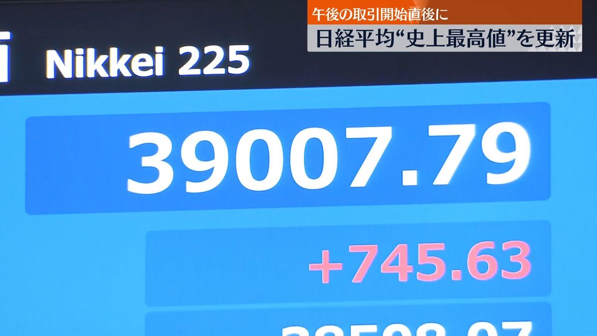 日経平均株価　史上最高値を更新　一時、史上初となる3万9000円台