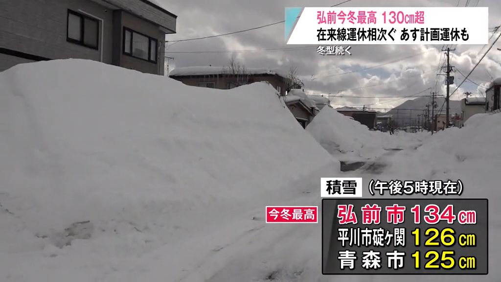 冬型続く　弘前今冬最高　１３０㎝超　在来線運休相次ぐ　あす計画運休も　青森県