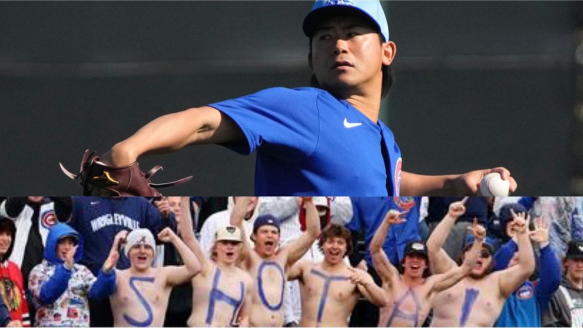 上：今永昇太投手(写真：USA TODAY Sports/ロイター/アフロ)　下：応援する上裸ファンたち(写真：AFP＝時事)