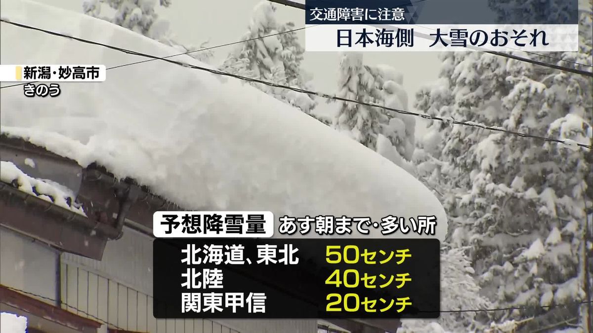 強い寒気、日本海側を中心に大雪　山沿いを中心に強く降る所も