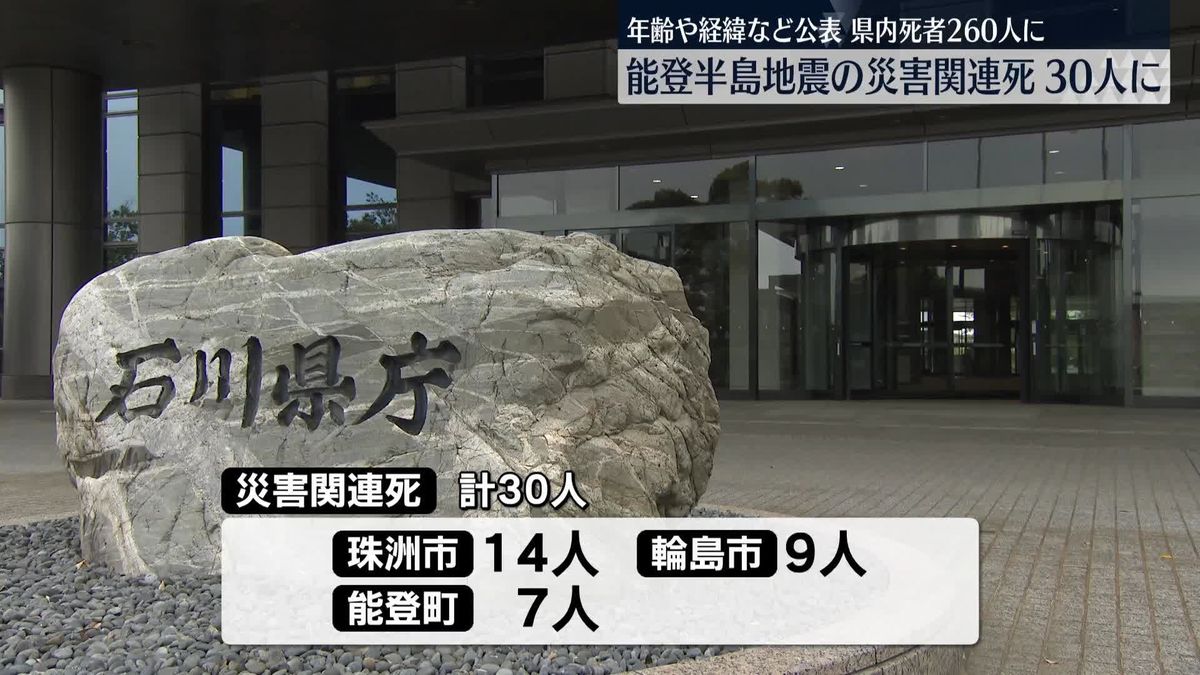 能登半島地震　30人を災害関連死と認定　石川県内の死者260人に