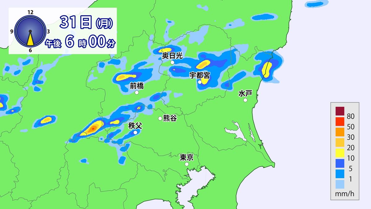 雨雲の予想(31日午後6時)